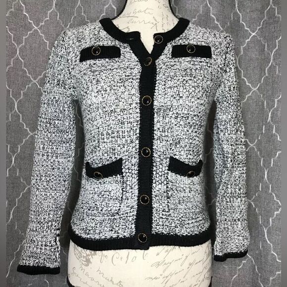 Xhilaration Women's Black/White Marled Long Sleeve Button Cardigan Sweater - XS - Picture 1 of 6